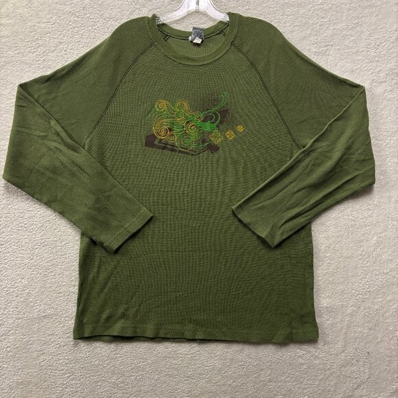 Y2K Old Navy Shirt Mens XL Green Waffle Knit Long Sleeve Vintage Fit Graphic - Picture 1 of 7